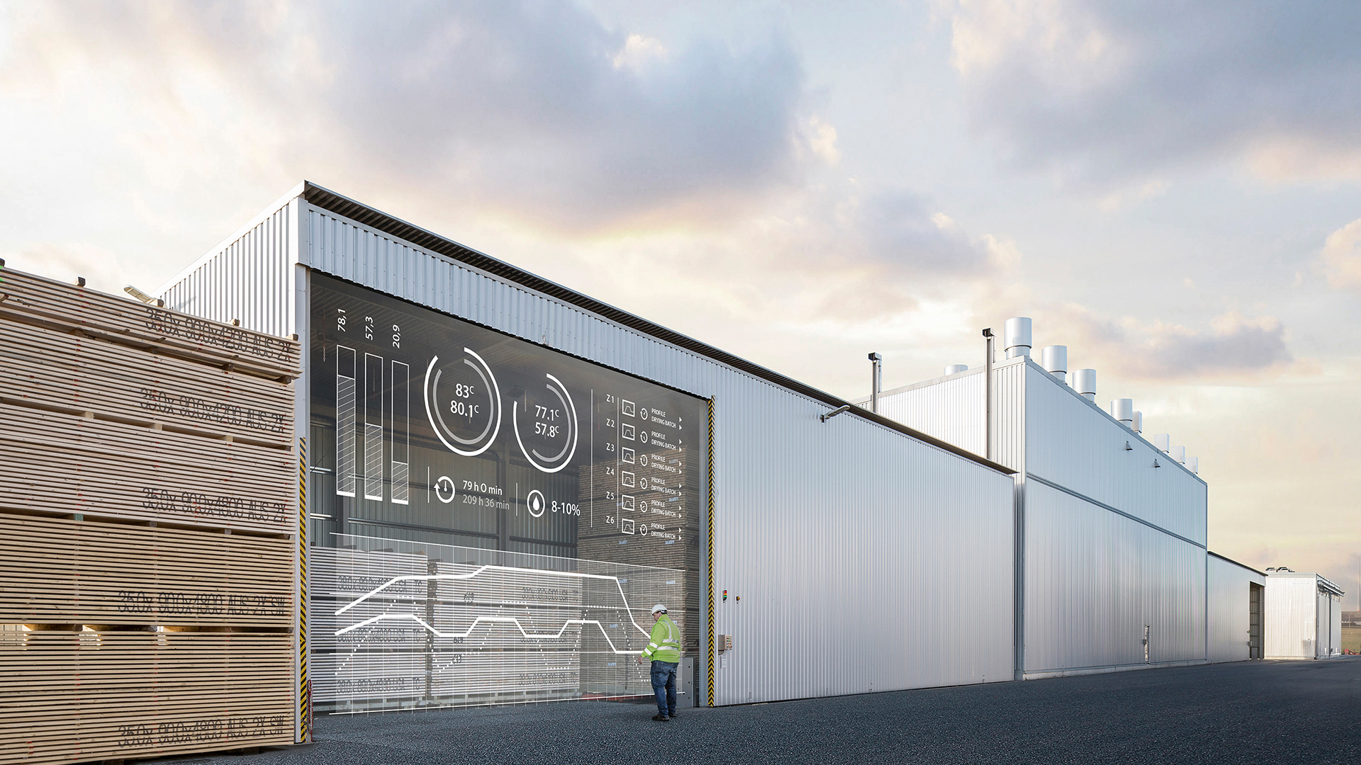 Valutec virkestork med visualiserat styrsystem som visar simulerad optimering av torkprogram för kapacitet, kvalitet och energiförbrukning.